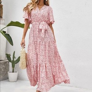 Boho floral belted ruffle butterfly sleeve dress